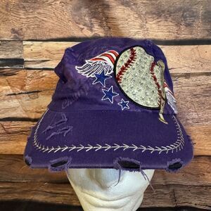 Leader Women's Purple Distressed Baseball Hat Cap Rhinestone Sequin Wings